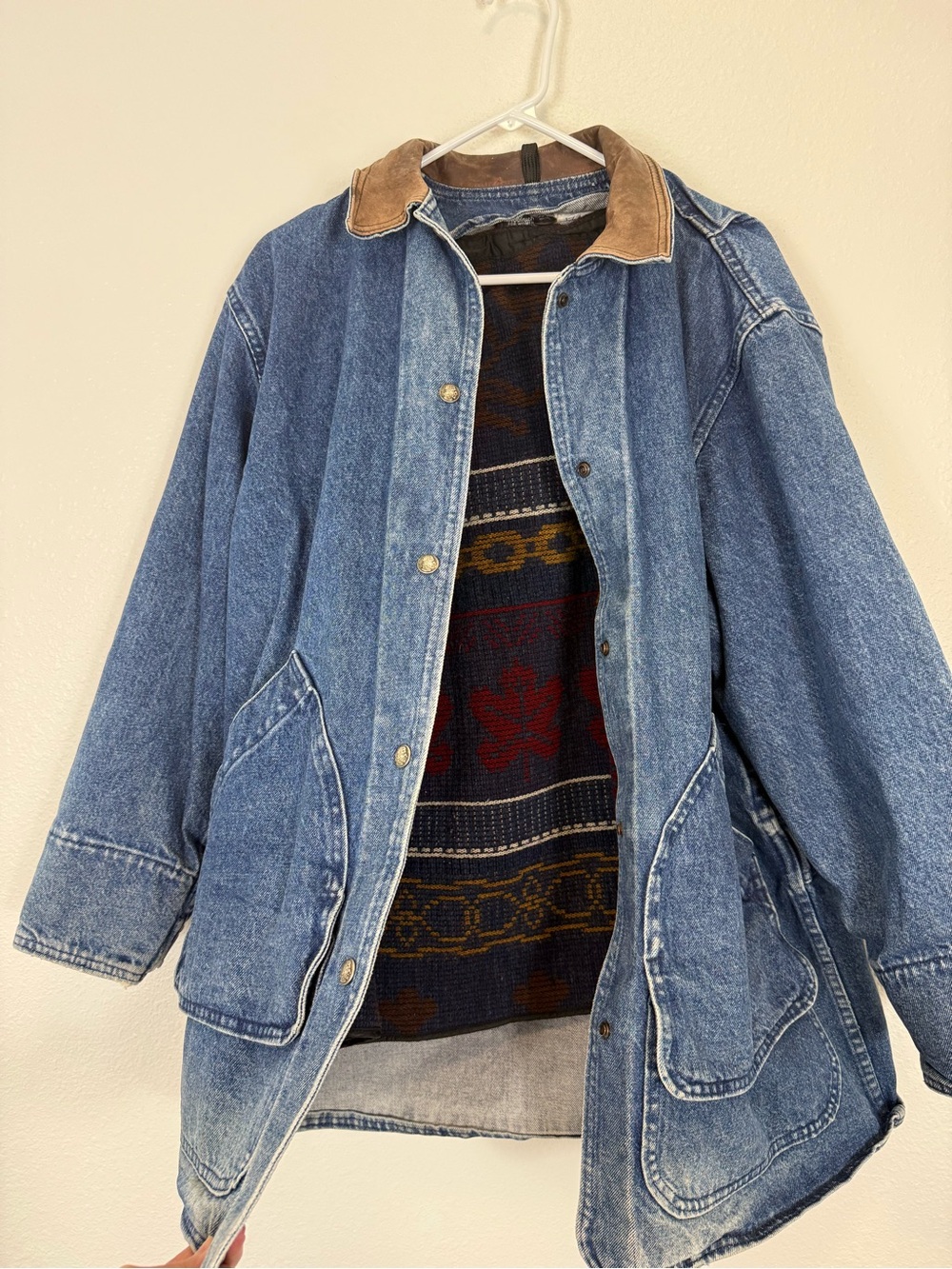 Woolrich Denim Field Jacket Brown Leather Collar Removable Blanket Liner VTG